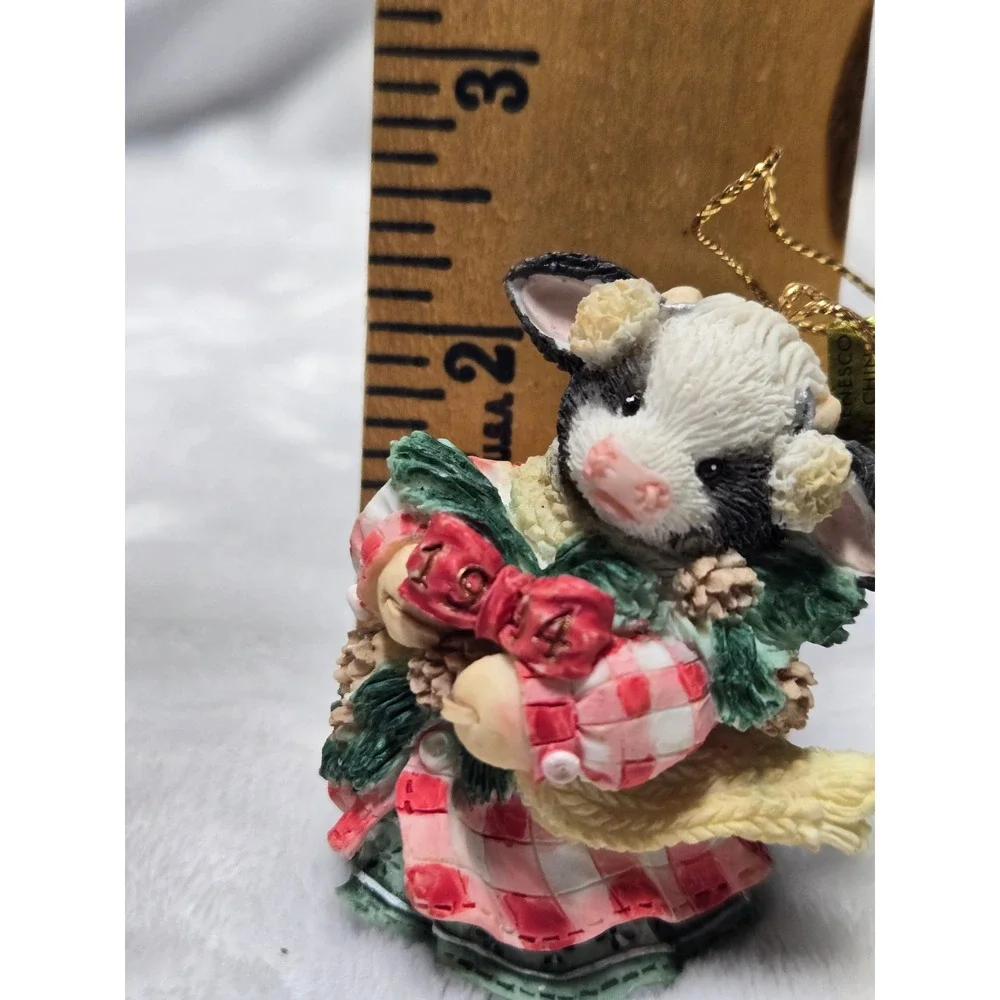 Vintage 1994 Mary's Moo Moos Cow With Evergreen Christmas Ornament Enesco Boxed